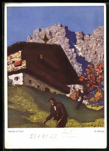 Künstler-AK sign. A. Walde: Herbst in Tirol, alter Mann an Berghütte