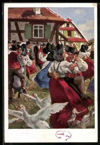 Künstler-AK Elsass - Lothringen, Menschen in Trachten auf dem Volksfest