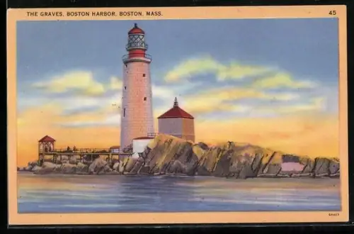 AK Boston, MA, The Graves, Leuchtturm im Hafen