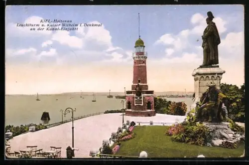 AK Kiel-Holtenau, Leuchtturm und Kaiser Wilhelm I. Denkmal an der Kanal-Einfahrt