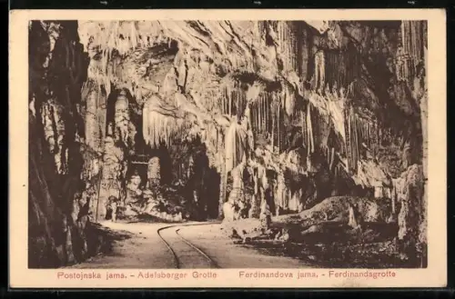 AK Adelsberger Grotte, Ferdinandsgrotte mit Gleisen