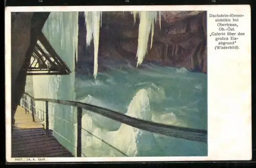 Künstler-AK Dachstein-Rieseneishöhle, Galerie über den den grossen Eisabgrund, Winterbild