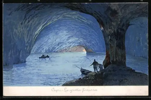 Lithographie Capri, La grotta Azzurra mit Besuchern