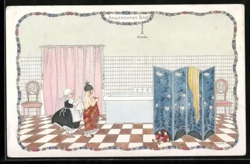 Künstler-AK Mela Köhler: Kleine Dame wird nach dem Bade von ihrer Zofe getrocknet