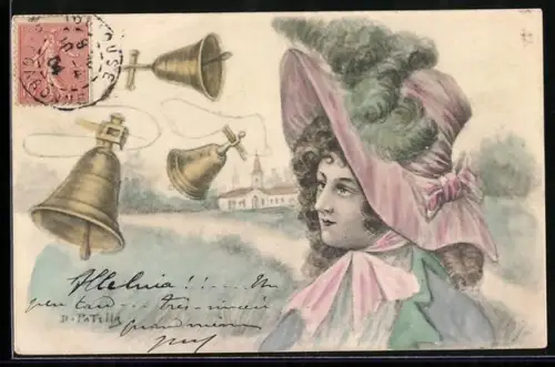 Künstler-AK B. Patella: Frau mit extravagantem Hut, drei Glocken