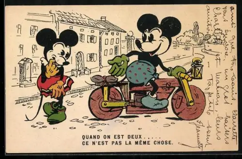 Künstler-AK Micky Maus bittet Minny Maus auf dem Holzrad mitzufahren