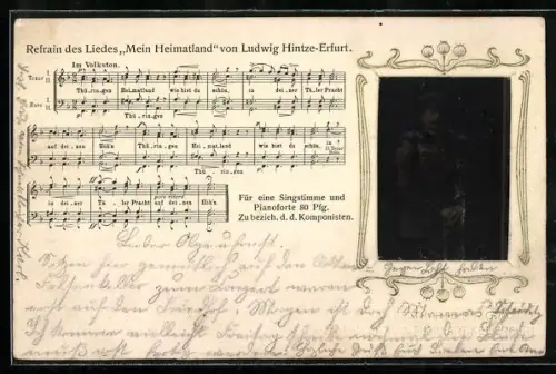 Diaphonie-AK Refrain des Liedes Mein Heimatland von Ludwig Hintze-Erfurt, Viezefeldwebel-Spielmann in Uniform