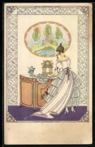 Künstler-AK Mela Köhler: Dame im Kleid mit Erinnerungsstücken