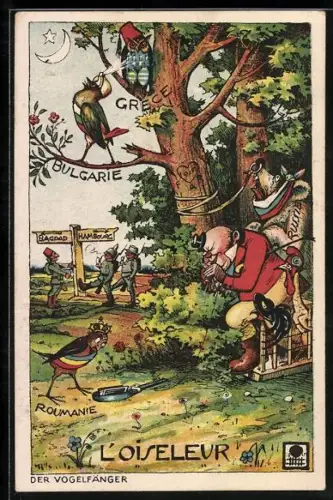 AK Karikatur: Engländer versucht als Vogelfänger andere Völker zu fangen