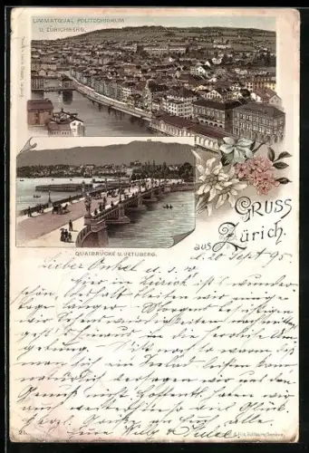 Vorläufer-Lithographie Zürich, 1895, Quaibrücke und Uetliberg, Limmatquai, Politechnikum und Zürichberg