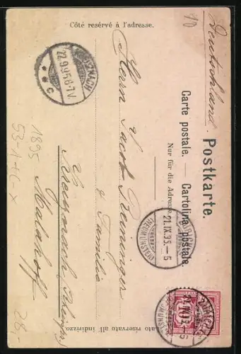 Vorläufer-Lithographie Zürich, 1895, Quaibrücke und Uetliberg, Limmatquai, Politechnikum und Zürichberg