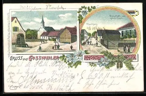 Lithographie Cosswiller, Gasthaus zum grünen Baum, Pfarrhaus, Kirche und Gemeindehaus