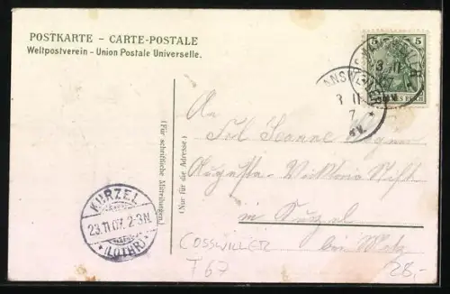 Lithographie Cosswiller, Gasthaus zum grünen Baum, Pfarrhaus, Kirche und Gemeindehaus