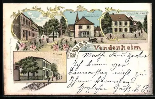 Lithographie Vendenheim, Bahnhof, Gemeindehaus und Protestantische Kirche, Wirtschaft von Ph. J. Brandt