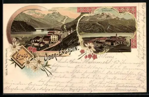 Lithographie Silvaplana, Panoramaansicht, Blick auf Campfer