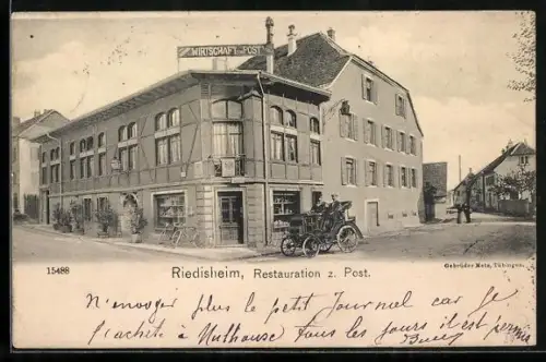 AK Riedisheim, Restaurant zur Post an einer Strassenecke