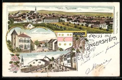 Lithographie Ingersheim, Schlachthausgasse, Neue Gasse, Wappen