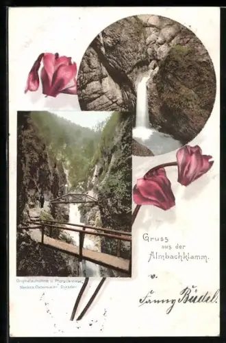 AK Almbachklamm, Blick auf den Wasserfall