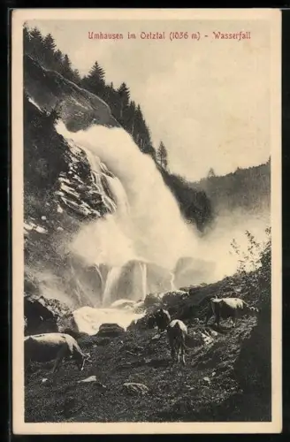 AK Umhausen im Oetztal, Wasserfall und weidende Kühe