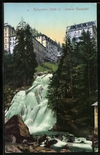 AK Badgastein, Unterer Wasserfall mit nahestehenden Häusern