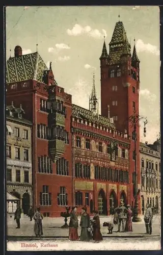 AK Basel, Rathaus mit Strassenpartie