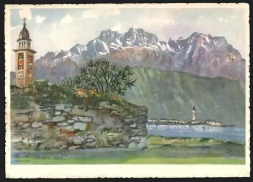 Künstler-AK Melide, Ortspartie mit dem Monte Generoso