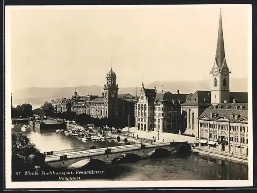 AK Zürich, Stadthausquai mit Fraumünster und Hauptpost