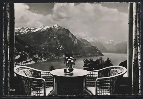 AK Seelisberg, Hotel Bellevue-Terminus, Aussicht von der Restaurationshalle