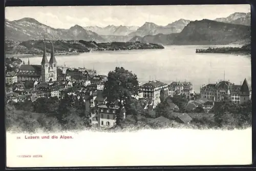 AK Luzern, Teilansicht mit Kirche und den Alpen