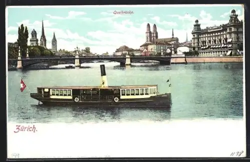 AK Zürich, Kleines Rundfahrtsschiff vor der Quaibrücke