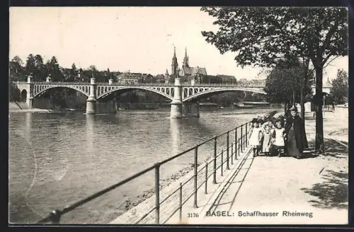 AK Basel, Schaffhauser Rheinweg mit Brücke, Im Hintergrund Kirche