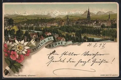 Lithographie Bern, Totalansicht über die Dächer mit Gebirgspanorama