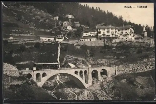 AK Finhaut, Ortspartie mit Eisenbahnbrücke