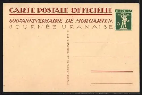 AK Morgarten, 1315-1915, Mann rollt Gesteinsbrocken den Felsen hinunter