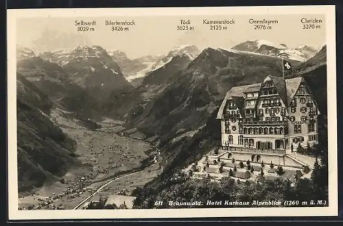 AK Braunwald, Hotel-Pension Alpenblick mit Bergpanorama