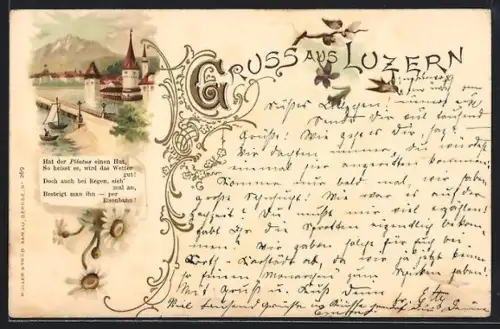 Lithographie Luzern, Ortspartie, Margeriten und Schwalbe