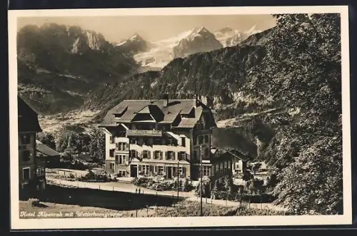 AK Hasliberg, Hotel Alpenruh mit Wetterhorngruppe