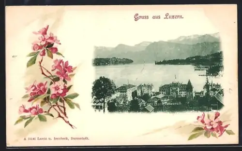 Lithographie Luzern, Panorama mit Hotel, Blütenzweig, Passepartout