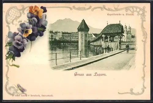 Lithographie Luzern, Kapellbrücke und Pilatus, Veilchen, Passepartout
