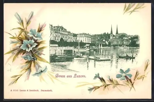 Lithographie Luzern, Ortspartie mit Kirche, Blumen, Passepartout