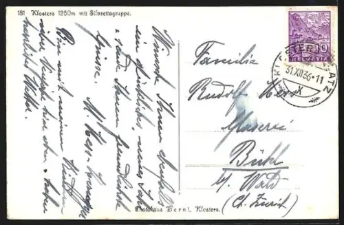 AK Klosters, Teilansicht mit Silvrettagruppe im Schnee