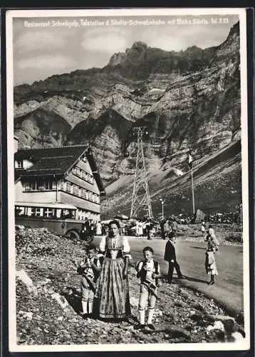AK Schwägalp, Restaurant und Talstation der Säntis-Schwebebahn mit Blick z. Säntis
