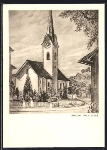 Künstler-AK Wald /Zch., Kirche mit Grünanlagen