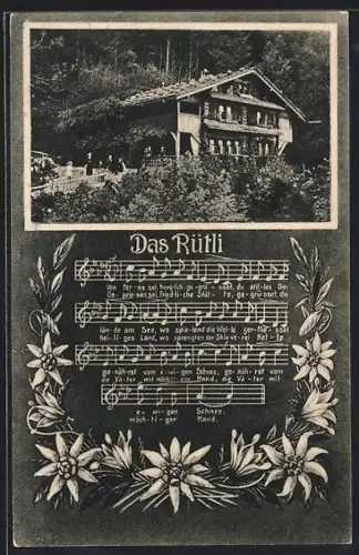 AK Rütli, Gasthof im Grünen mit Liedtext Das Rütli im Passepartout