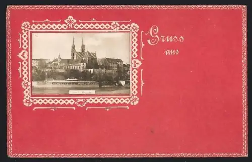 Präge-AK Basel, Blick auf den Münster, Blumen-Passepartout