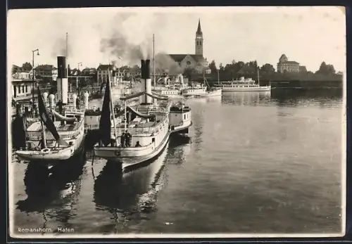 AK Romanshorn, Hafenpartie mit Kirche in der Ferne