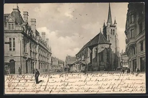 AK Lausanne, Strassenpartie mit Kirche