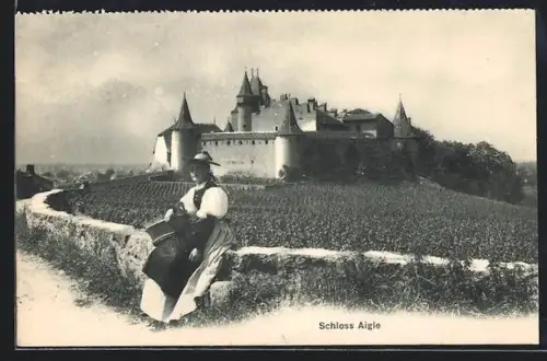 AK Aigle, Blick zum Schloss, Schweizerin in Tracht