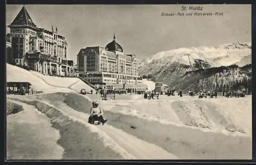 AK St. Moritz, Dimson-Run und Kurverein-Rink im Winter mit Schlittenfahrer