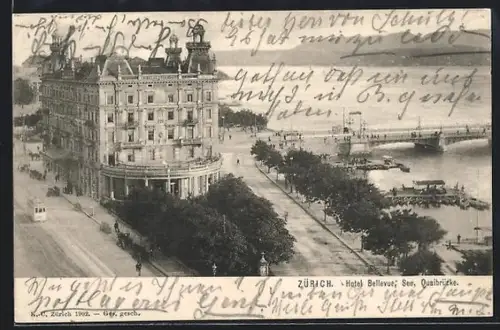 AK Zürich, Hotel Bellevue, See und Quaibrücke